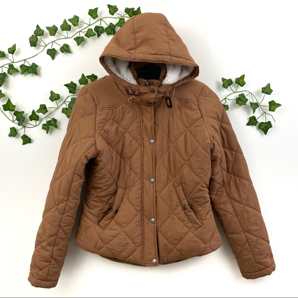 Love Tree Zip Up Quilted Hooded Jacket Zip Tan SZ M